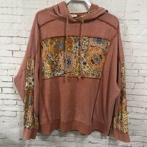 Easel Plus Size 2X Patchwork Hooded Sweatshirt Orange Ribbed Floral Boho